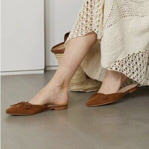 FOWT Women Low Heel Closed Almond Toe Slingback Mules,Two Toned Bow Knot Brown